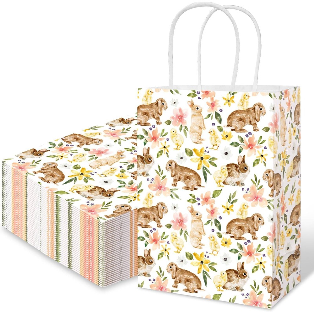 Easter Bunny Watercolor Floral Paper Gift Bags 70 Pcs Spring Party Favor Bags